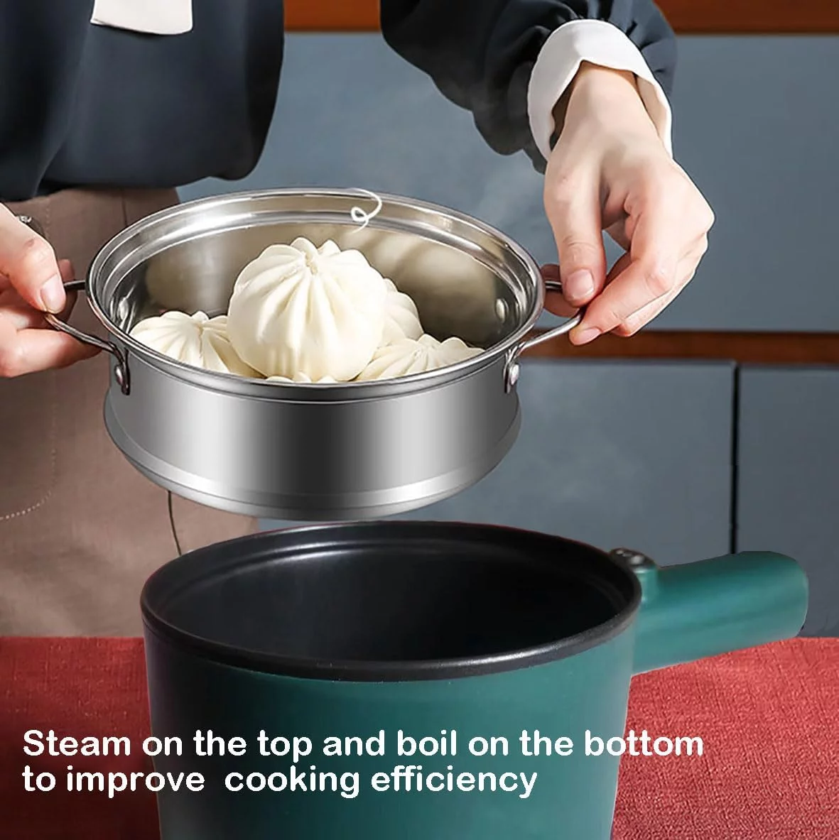 Electric Hot Pot,1.8L Household Rapid Noodles Cooker, Electric Cooker,Multifunctional Cooking Pot，Frying Pan,Mini Steamer,Non-Stick Casserole (Pot, Green)