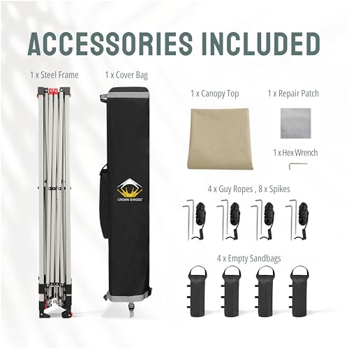 CROWN SHADES 10x10 Pop Up Canopy - Beach Tent with One Push Setup - Easy Outdoor Sun Shade for Events, Parties, Camping - Gazebo with STO-N-Go Cover Bag, Silver Coated Top, White