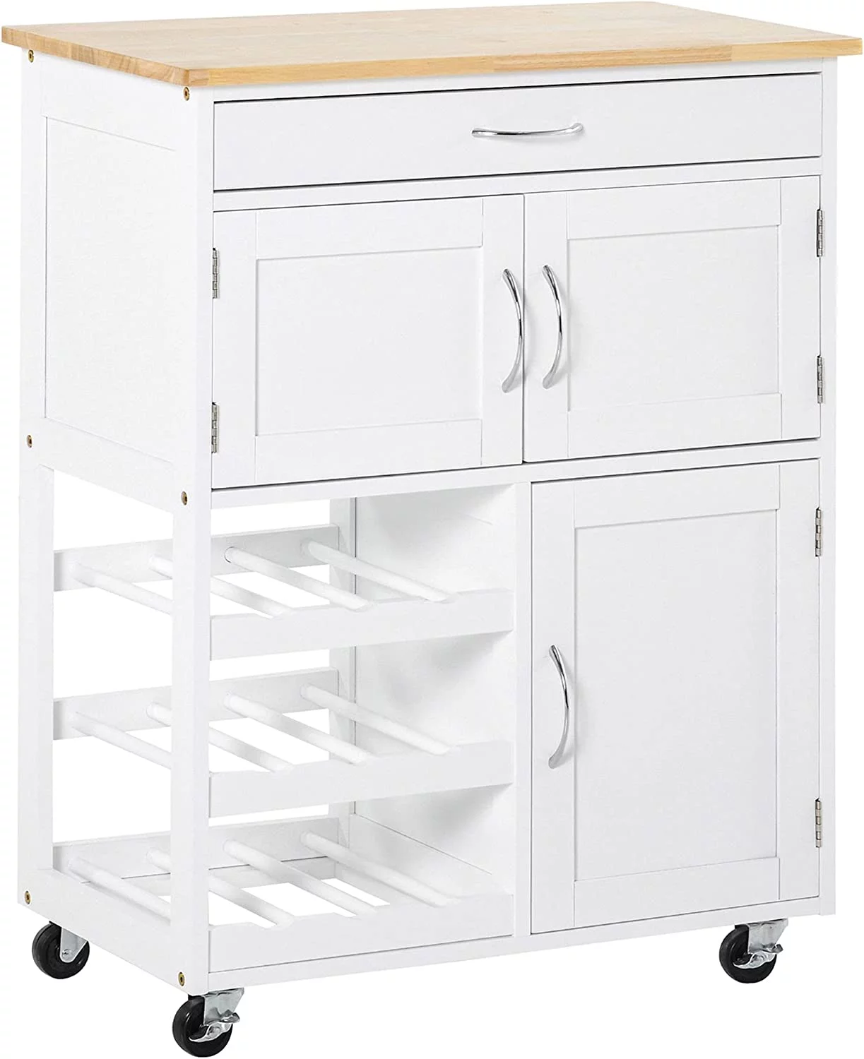 CCBIUOMBO Cart Rolling Kitchen Island on Wheels with 9-Bottle Wine Rack  Small Kitchen Cart with Wide Drawer  Kitchen  Cabinets  Wooden Countertop  White