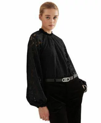 MSRP $165 Ralph Lauren Womens  Paisley Lace Blouse Polo Black Size Large