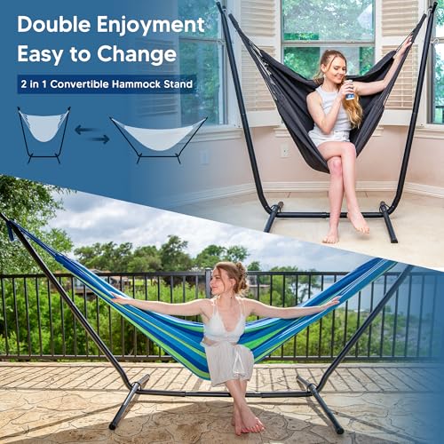 SUNCREAT 2-in-1 Hammocks Hammock Chair with Stand, 475 lbs Capacity, Heavy Duty Two Person Hammock with Stand, Patent Pending, Blue Stripe