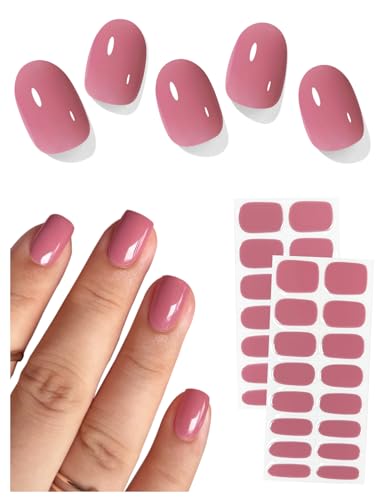 Semi Cured Gel Nail Strips (Christmas Red French), Snowflake, 30 Pcs Gel Nail Wraps, Stickers, Matte Pink, Works with Any UV Lamps