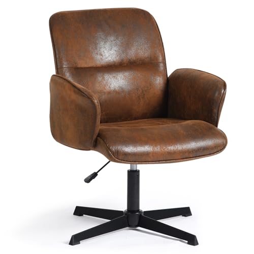 FurnitureR Home Office Desk Chair Comfy Ergonomic Padded Linen Fabric Upholstered，Adjustable Swivel Mid-Back Stylish Accent Vanity Chair, No Wheels, Beige