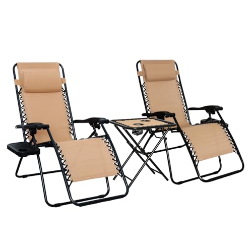 Amazon Basics Outdoor Patio Mesh Adjustable Zero Gravity Lounge Chair Recliners set of 2 with Side Table, 35 x 26 x 43 inches, Beige
