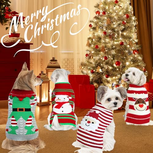 4 Pack Dog Christmas Sweater, GOYOSWA Dog Christmas Outfit Holiday Sweater Santa Snowman Reindeer Elf Knitted Sweaters for Small Medium Large Dogs Pets (Small)