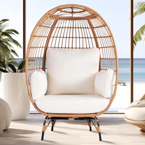Outdoor Egg Chair, PE Wicker Chair with 4 Thicken Cushions, Patio Chairs 440 lbs Capacity, Oversized Balcony Chairs with Durable Steel Frame Perfect for Balcony, Backyard, Bedroom-Ivory