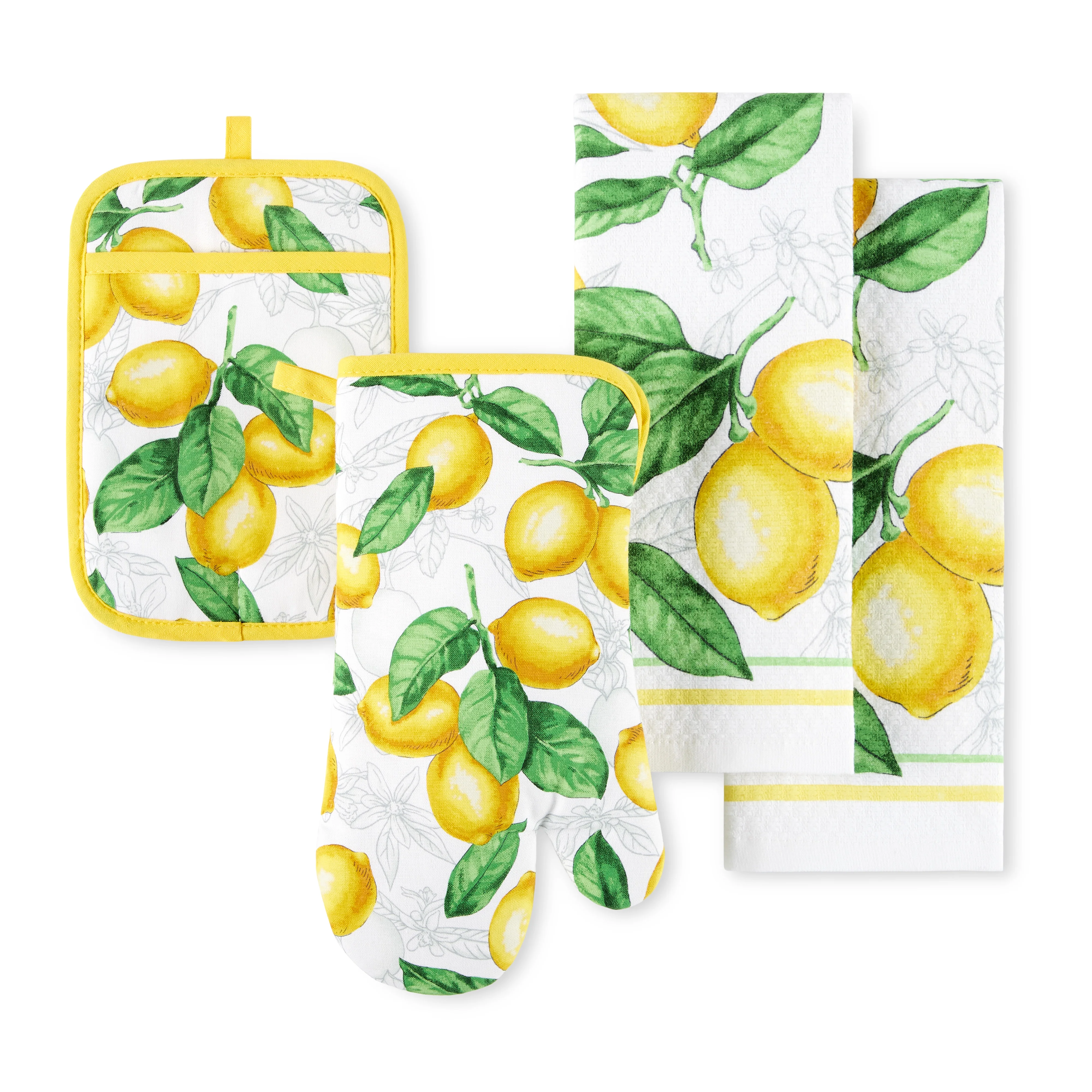 Martha Stewart Lots of Lemons Modern Kitchen Towel, Oven Mitt & Potholder Set 4-Pack, White-Yellow, 2KT: 16