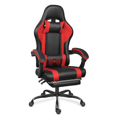 Gaming Chair with Footrest and Massage Lumbar Support, Height Adjustable Game Chair, Video Gaming Chair for Gaming Room, Living Room and Office - Black/Red