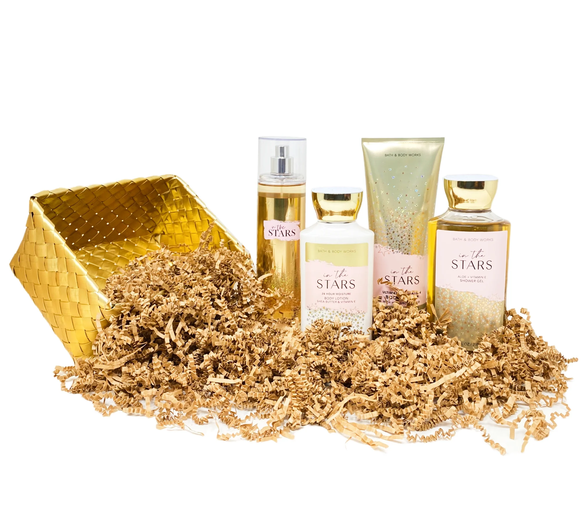 Bath and Body Works In The Stars Gold Woven Basket 4 Piece Gift Set - Fragrance Mist - Body Cream - Shower Gel - Body Lotion - Full Size
