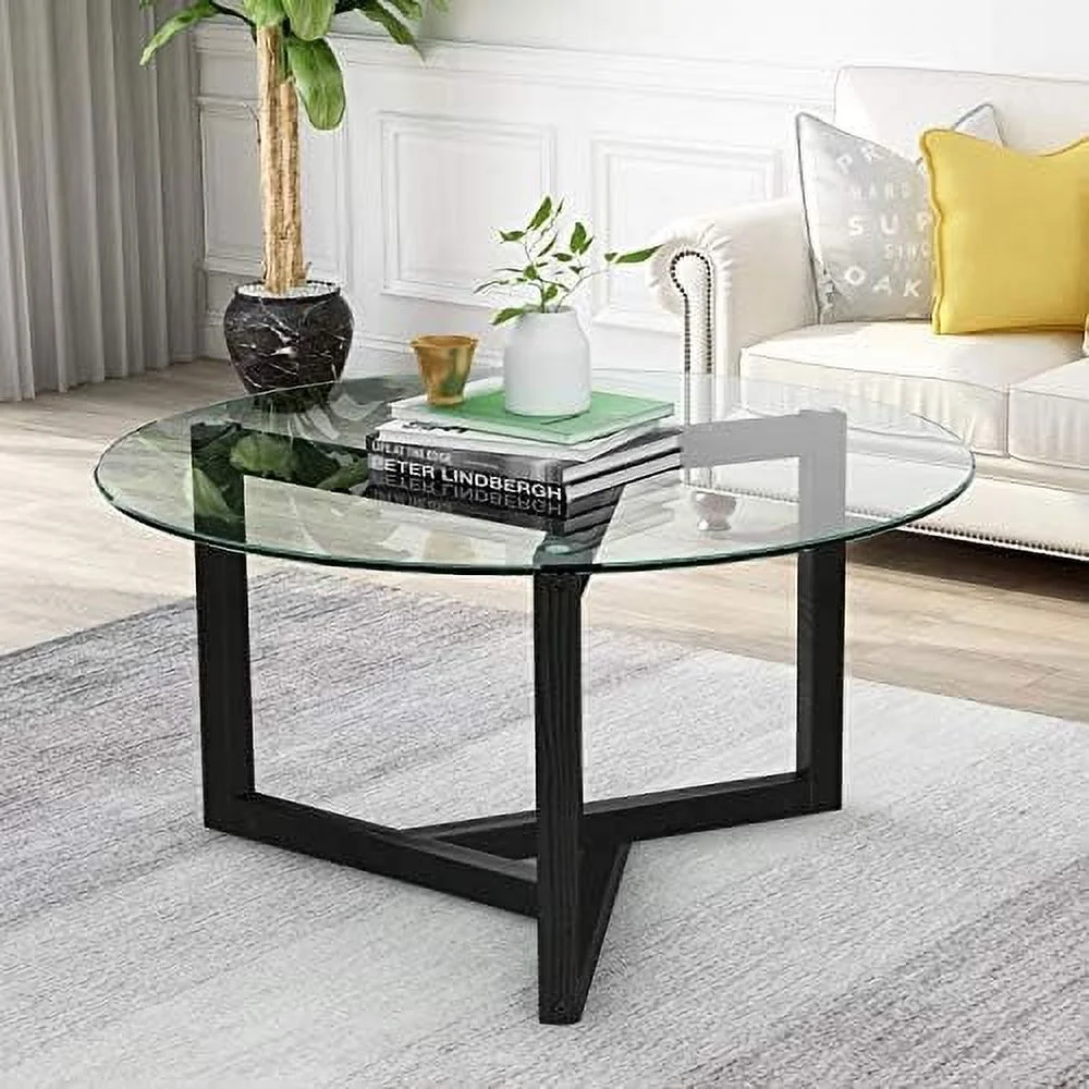 TJUNBOLIFE Modern Round Coffee Table  35" Glass Round Coffee Table  Easy Assembly Tempered Glass Coffee Table with Wood Frame for Living Room  Dining Room