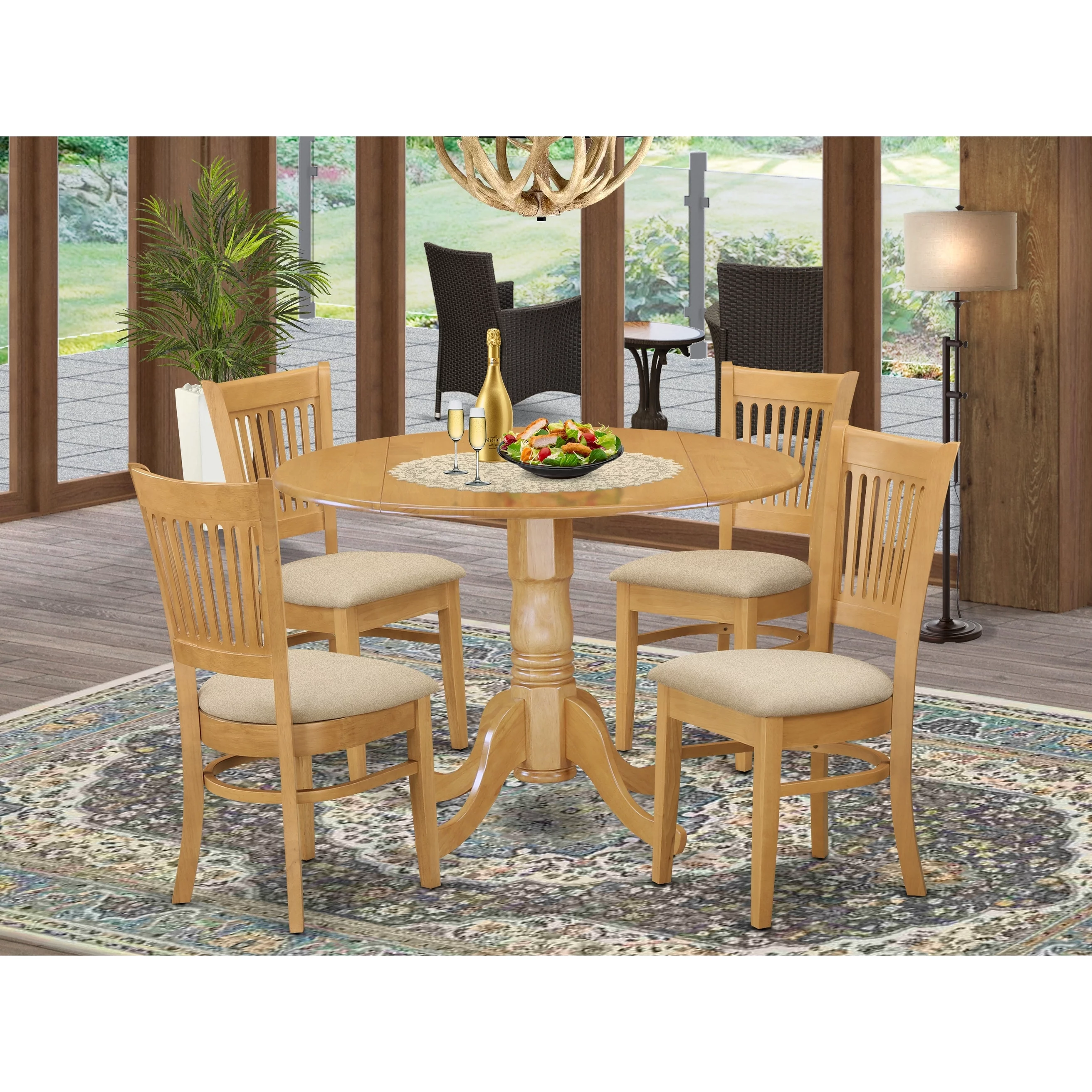 East West Furniture  5 Piece Dining Table Set- a Round Wooden Table and 4 Chairs, Oak(Seat Type Options) Brown with microfiber seat DLVA5-OAK-C