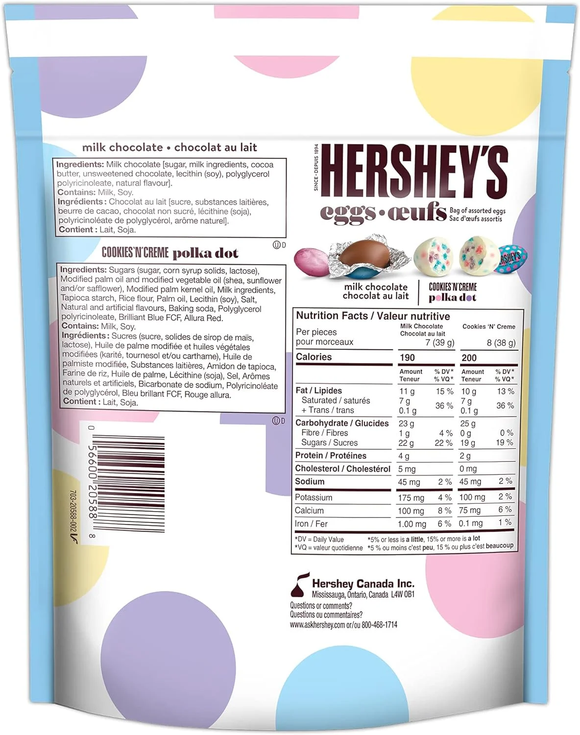 Hershey's Easter Chocolate Eggs, Milk Chocolate & Cookies 'n' Creme Polka Dot Flavored, 700g/24.5 oz. Bag (Imported from Canada)