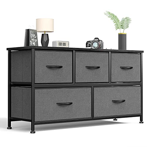 Sweetcrispy Dresser for Bedroom 5 Fabric Drawers Dresser Clothes Cabinet Storage Organizers and Wood Top Surface Table for TV, Chest of Drawers for Bedroom, Living Room, Hallway, Porch Organization