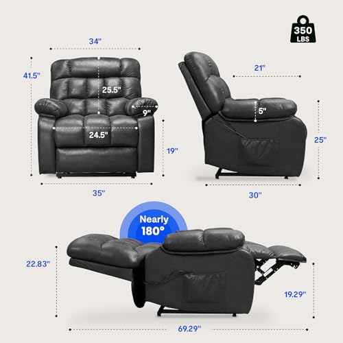 FLEXISPOT XL31 Power Lift Recliner Chair for Elderly, Electric Lift Chair with Massage & Heat, PU Leather Reclining Sofa w/Cup Holders, Side Pockets for Living Room Bedroom(Medium Size,Black)