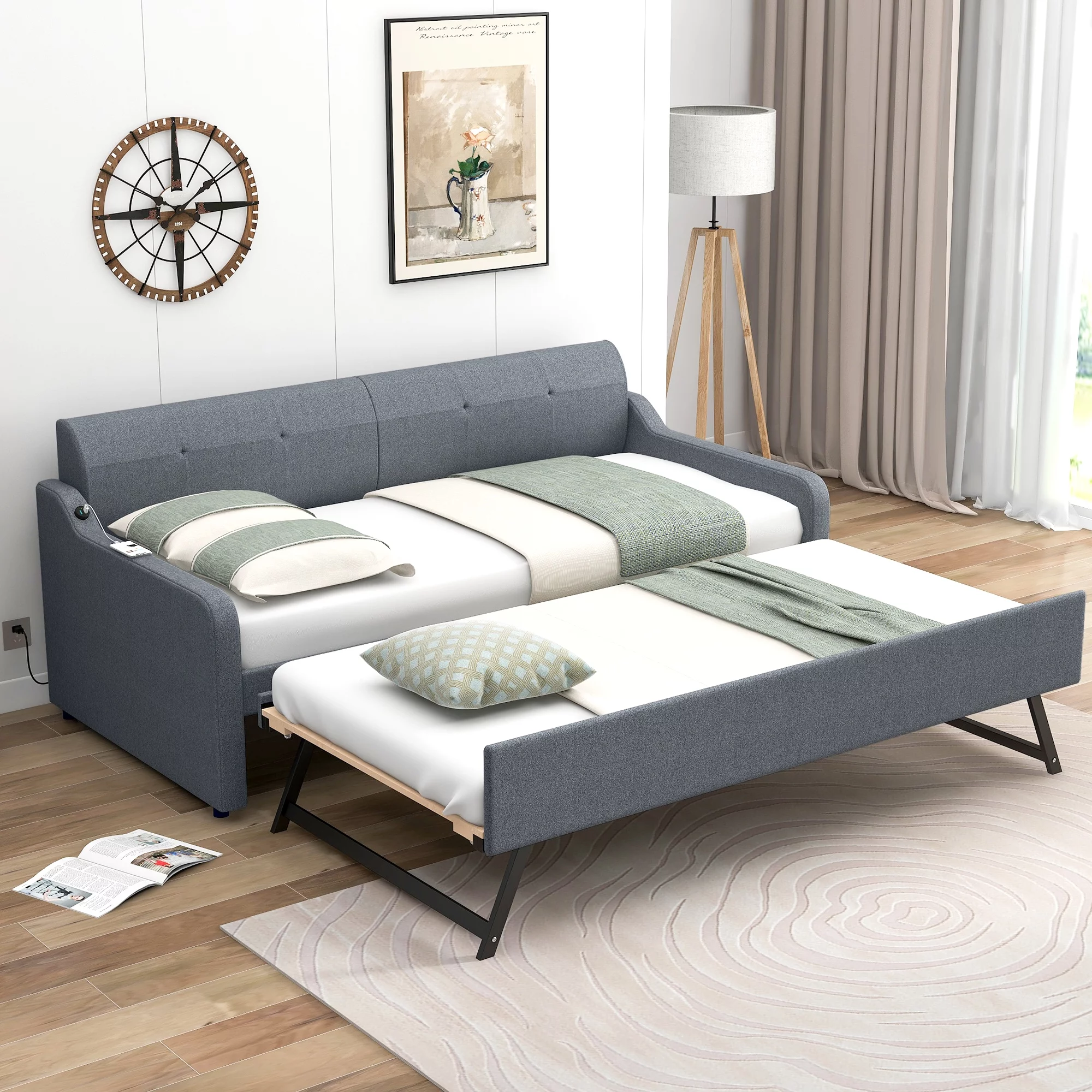 EUROCO Twin Size Upholstery DayBed with Convertible Trundle and USB Charging Station, Gray