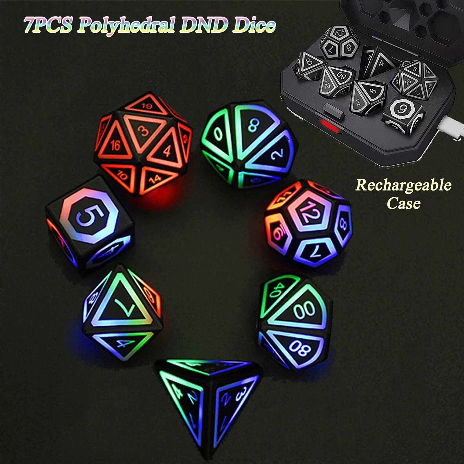 7x LED Glow DND Dice Set Boxed Rechargeable For Game Toys with Charging Case Gift