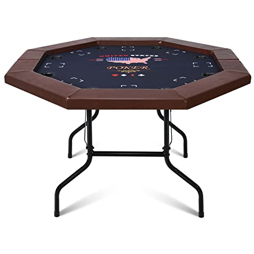 8 Players Poker Table Foldable,50inch Upgraded Folding Octagon Casion Table, Portable Texas Holedem Table w/Stainless Steel Cup Holders, Water-Resistant Cushioned Rail (Brown)
