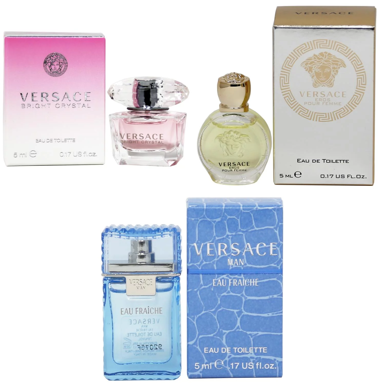 Versace Bright Crystal EDT, Eros Women EDT, Man Eau Fraiche EDT - 5ml 3PK Kit