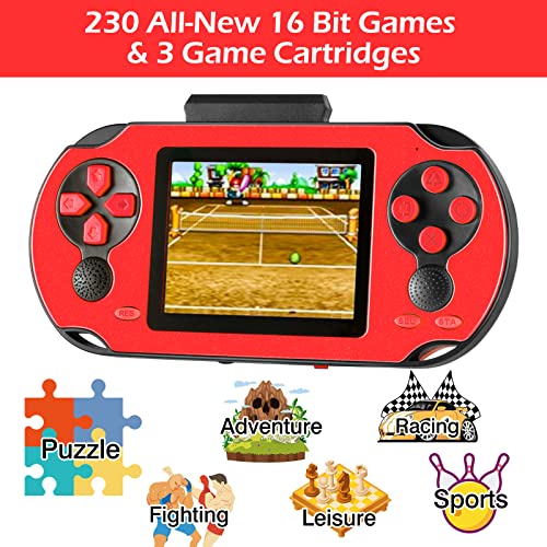 16 Bit Handheld Game for Kids Adults, 3.0'' Large Screen Preloaded 230 HD Classic Retro Video Games with USB Rechargeable Battery & 3 Game Cartridges for Birthday Gift for Kids 4-12 (Blue)
