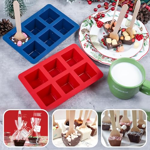 Webake Christmas Hot Chocolate Spoon Molds 2-Pack with 30 Wooden Spoons, Silicone Square Hot Cocoa Chocolate Cups, Reusable, Suitable for Hot Cocoa Bomb Making