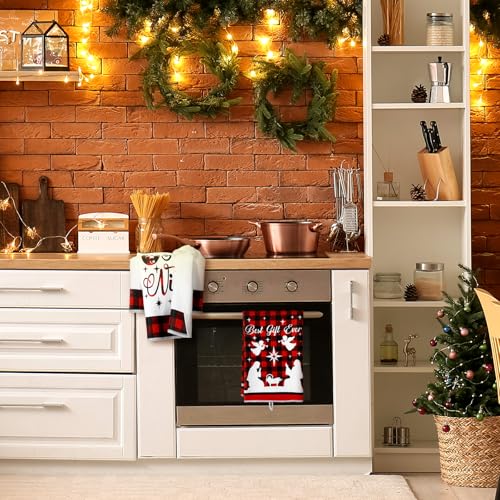 Bencailor 11 Pcs Christmas Kitchen Towels and Spoons Set 6 Christmas Dish Towels 5 Wooden Spoons Housewarming Gifts for Xmas Kitchen Bathroom Home Decor(Festive Color,Christmas Tree Style)