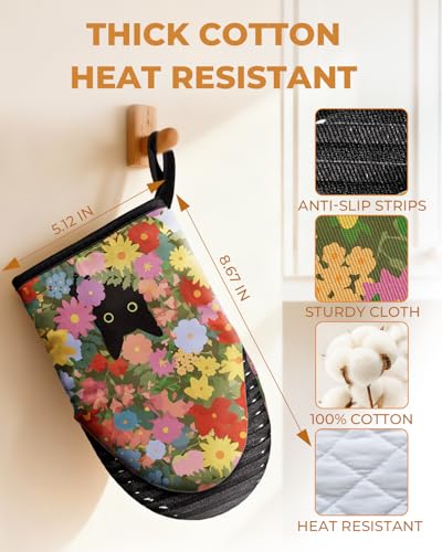 Slohif Mini Christmas Funny Oven Mitts Set – Extended Short Heat Resistant Kitchen Gloves for Women, 100% Cotton Oven Mitts with Silicone Grips, Non-Slip and Thick Durable for Cooking & Baking