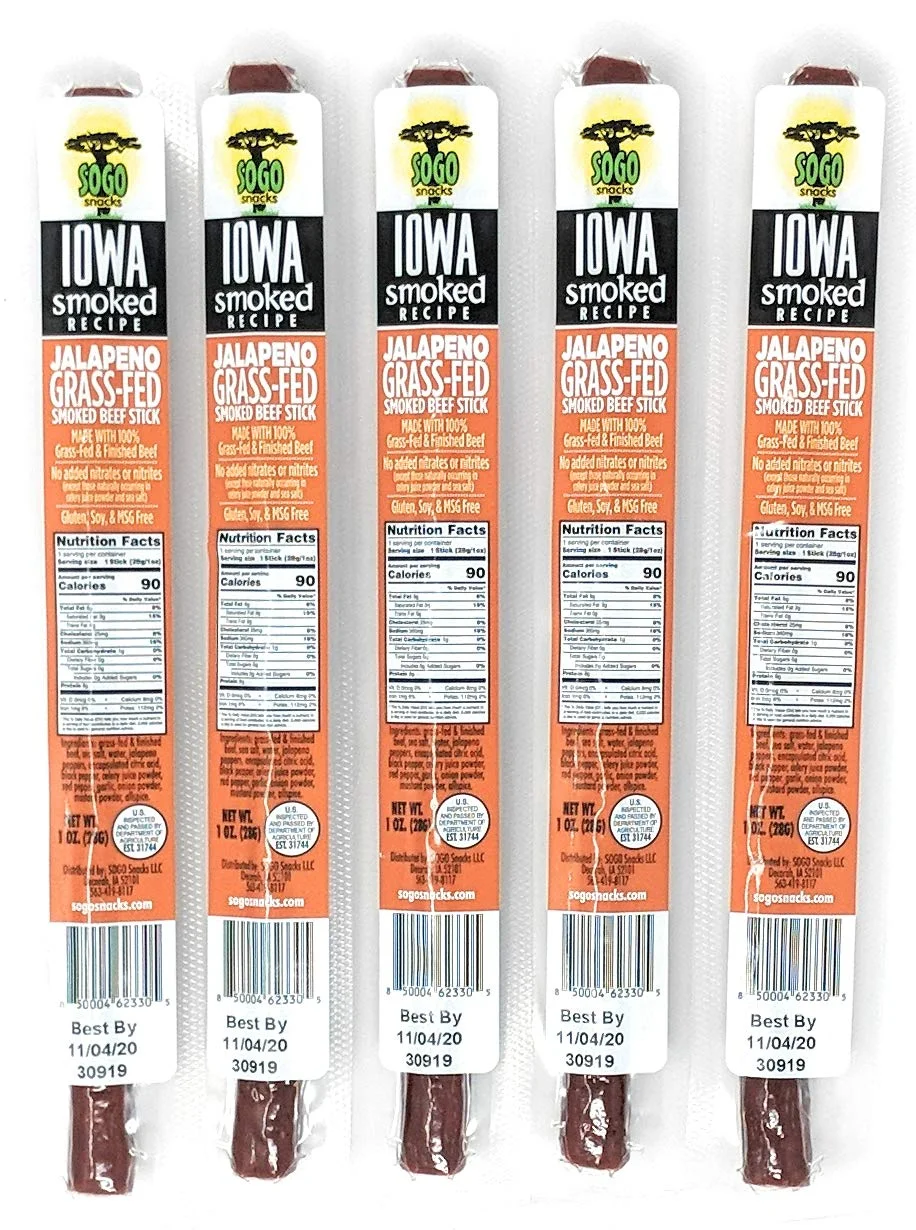 Jalapeno, Sogo Snacks Iowa Smoked, No Sugar, 100% Grass-fed/finished, Non-GMO Beef Sticks. No Added Nitrates, Gluten, Soy, MSG, Dairy, Nuts. Keto, Paleo Friendly (Jalapeno-ISR, 1-oz, 144 Cnt)