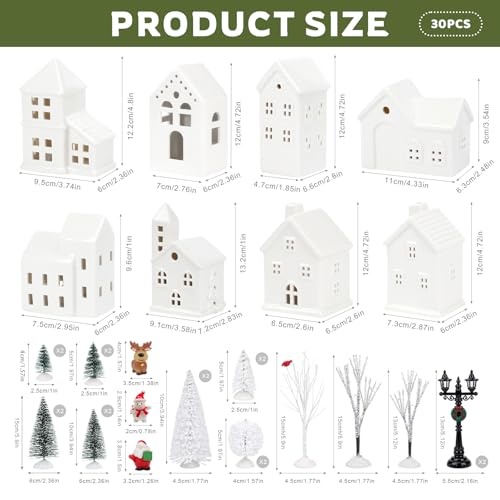30 Pcs LED Christmas Village Set, 8 Ceramic Christmas Village Houses 17 Xmas Trees 2 Lamp Post with Snowman Santa Claus Deer Farmhouse Scenes Decor for Tabletop Mantel Holiday Display Gift