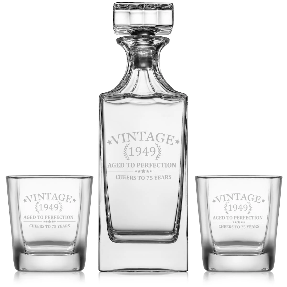 Whiskey Decanter Gift Set With 2 Whiskey Old Fashioned Rocks Glasses Cheers To 75 Years Vintage 1949 75th Birthday