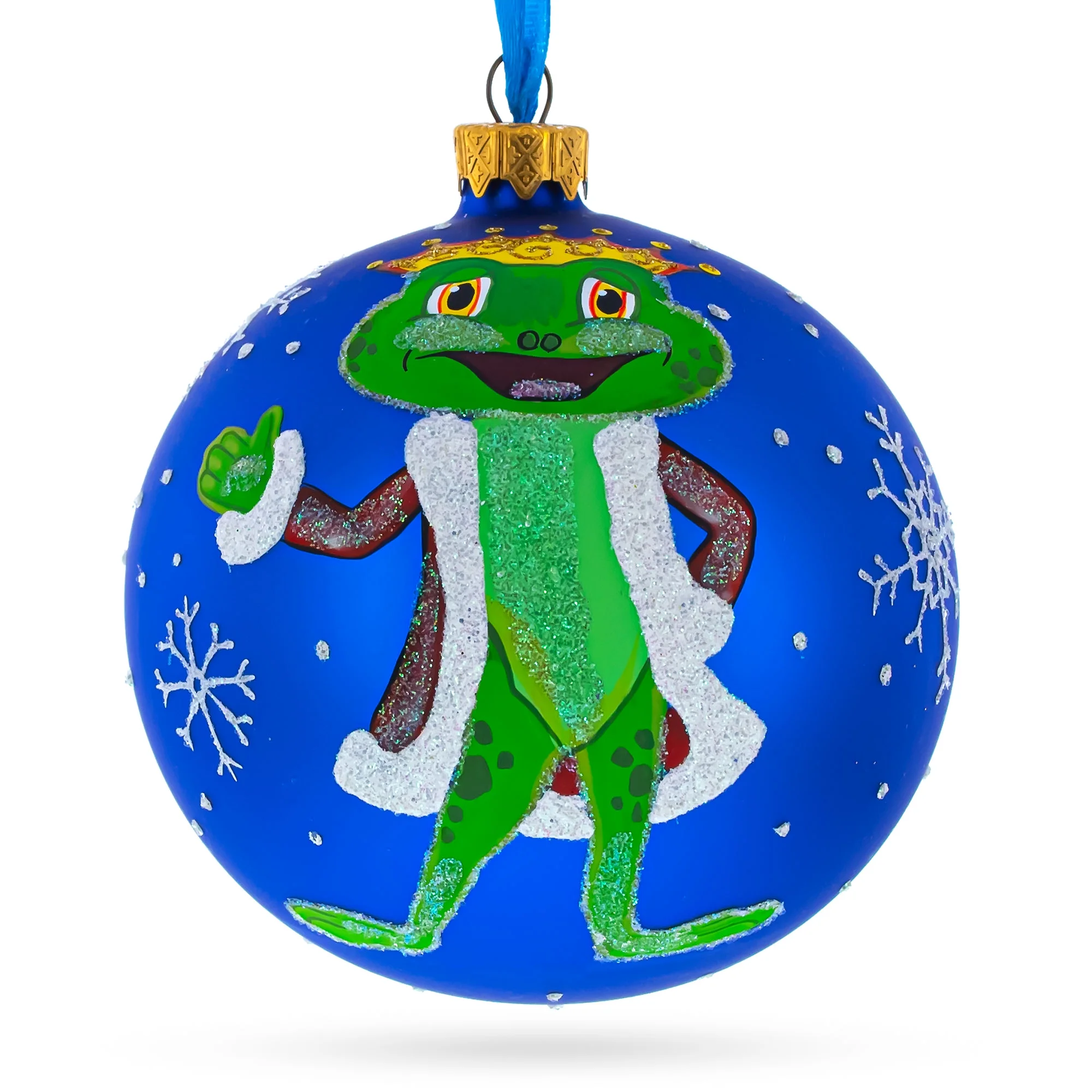 Royal Ribbit: The Frog King Crowned in Splendor Hand-Blown Glass Ball Christmas Ornament 4 Inches