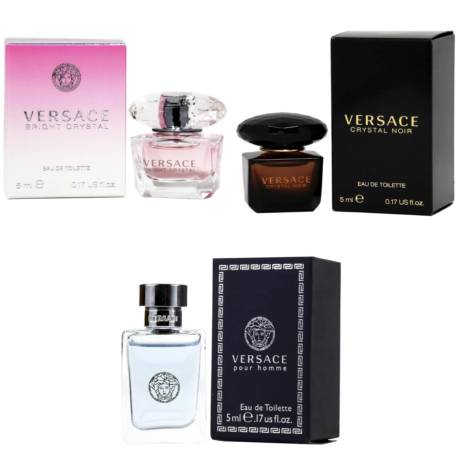 Versace Bright Crystal EDT, Crystal Noir EDT, Pour Homme EDT - 5ml 3PK Kit