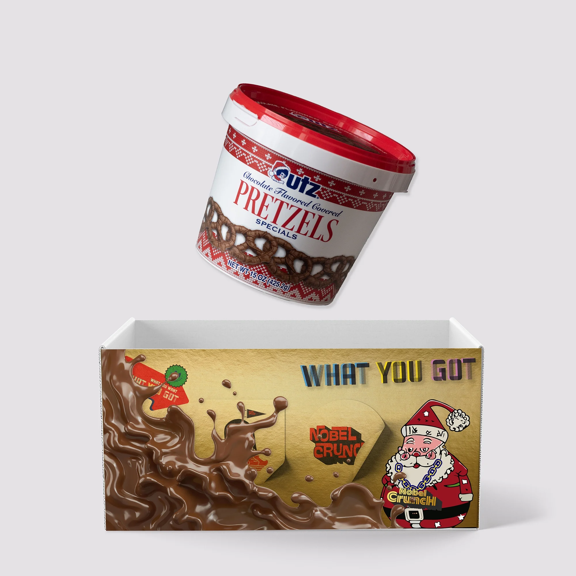 Utz Chocolate Flavored Covered Holiday Pretzels (3, 15oz barrels) - Sweet and Salty Kettle Popcorn (1, 5.5oz) - Bundled by Noblecrunch - 4 Items Total