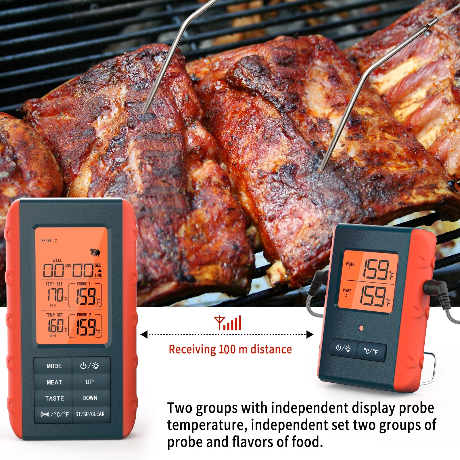 Pinnaco Wireless Meat Thermometer for Grilling Kitchen Food Cooking - Digital Thermometer with 2 Probes, Smoker Oven Grill BBQ Accessories