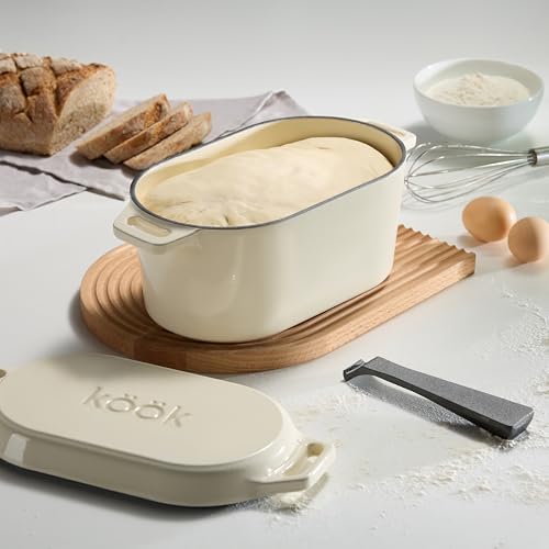 KooK Dutch Oven, Oven for Sourdough Bread Baking, with Lid, Dual Handles, Enameled Cast Iron, includes Lid Lever, Great for Baking Bread, Cooking and Roasting, Dishwasher Safe, 3.4 Qt, Black