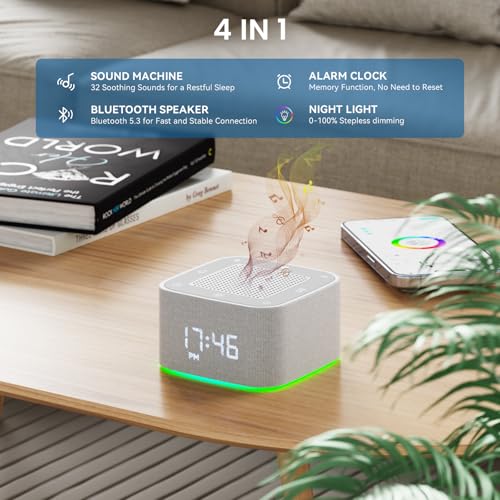 Sound Machine Alarm Clock, 32 Soothing Sounds, Night Lights Bluetooth Speaker, App Control White Noise Machine with Dimmable Clock, Noise Machine for Baby, Kids, Teens, Adult, Best Birthday Gift Ideas