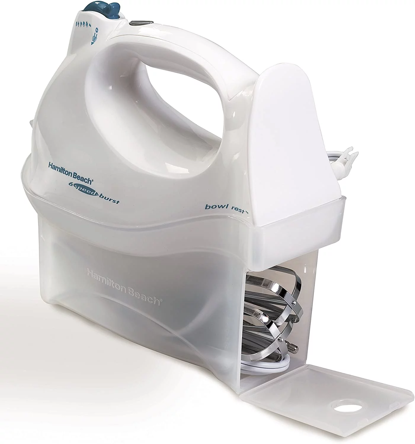 Hamilton Beach Power Deluxe 6-Speed Electric Hand Mixer with Snap-On Storage Case, QuickBurst, Beaters, Whisk, Bowl Rest, White (62695V)