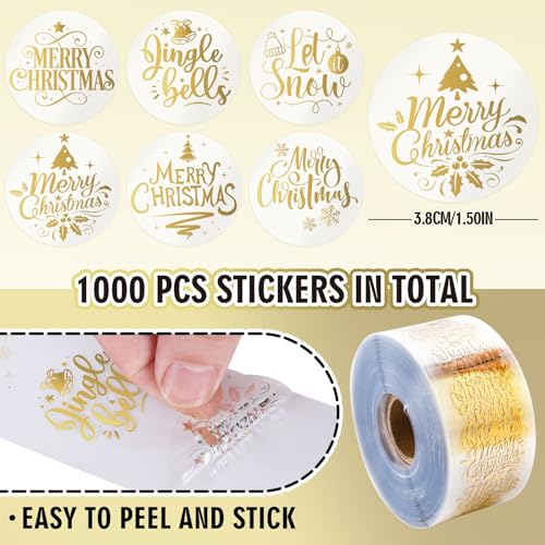 Whaline 1000Pcs Clear Christmas Stickers Roll Gold Foil Merry Christmas Stickers Xmas Winter Holiday Round Adhesive Label Stickers Decal for Xmas Envelopes Invitations Cards Gifts Decor, 6 Designs