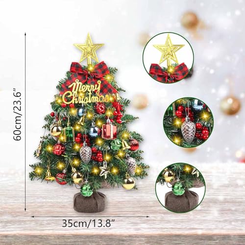 SVNVIOZ 2FT Small Tabletop Mini Artificial Christmas Tree with Lights, Red Green Ornaments - Xmas Tree for Holiday Home Decoration