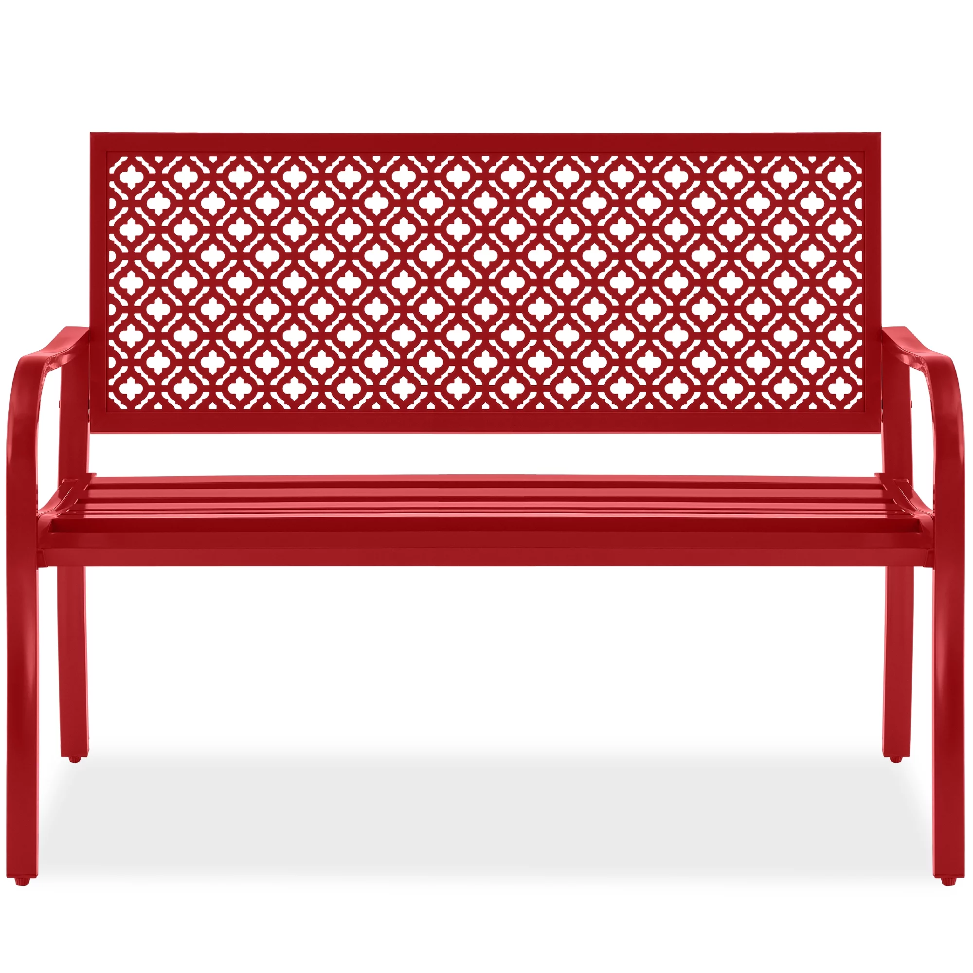 Best Choice Products Indoor Outdoor Steel Garden Bench w/ Geometric Backrest, Foot Levelers - Rose Red