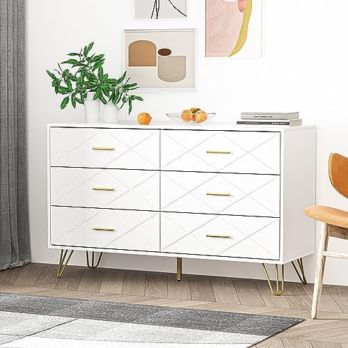 KHBIULIFE White Dresser for Bedroom   Dresser with 6 Deep Drawers  Wide Chest of Drawers with Gold Handles for Living Room