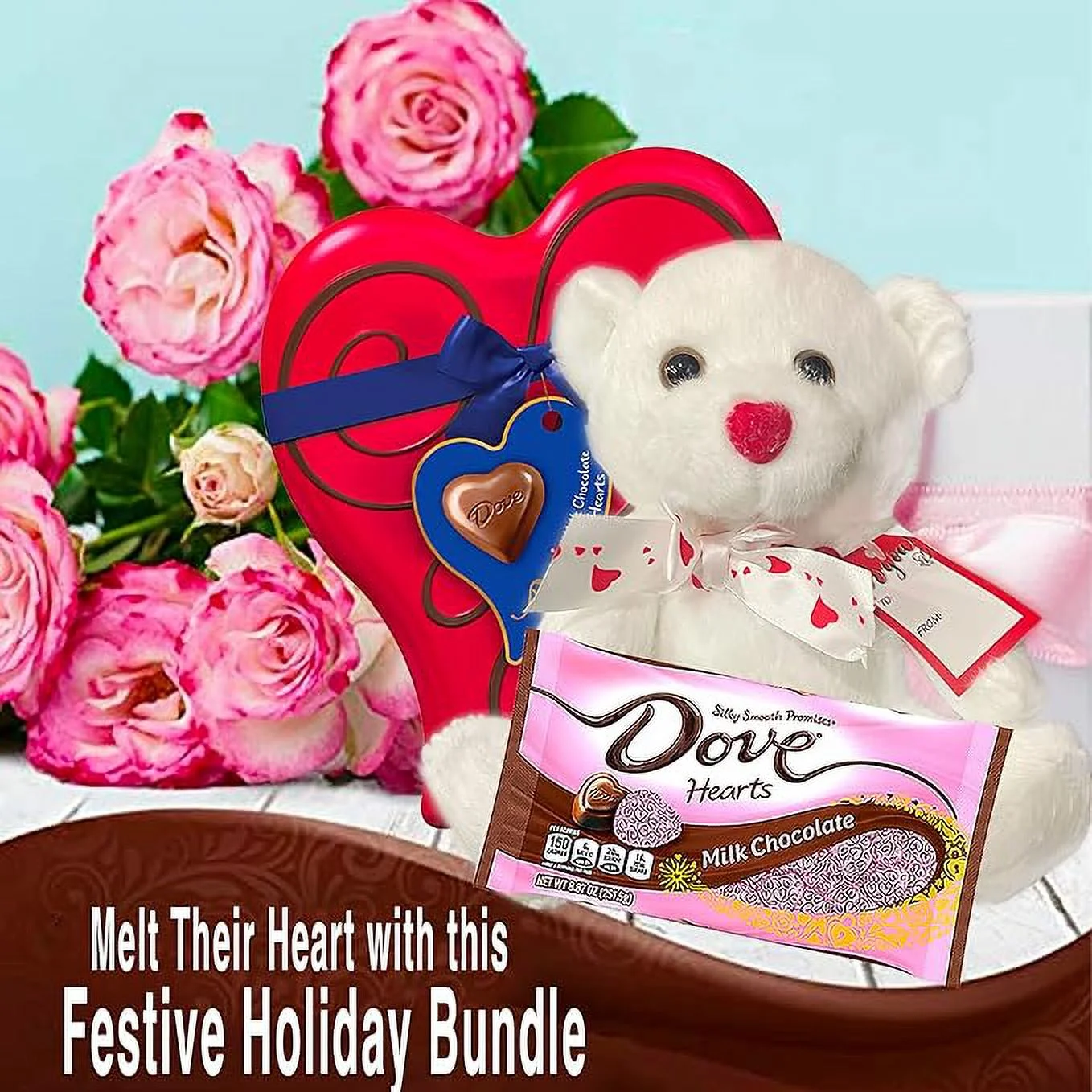 CANDYMAN Valentine Day Bundle with (1) DOVE Milk Chocolate Candy Heart Tin, (1) Milk Chocolate DOVE Bag and (1) White Teddy Bear