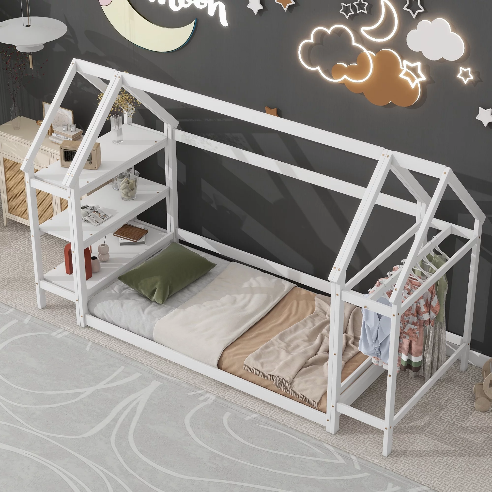 Modern Twin House-Shaped Floor Bed Frame with 2 Detachable Stands - Stylish Design for Twin Bed Frames-White