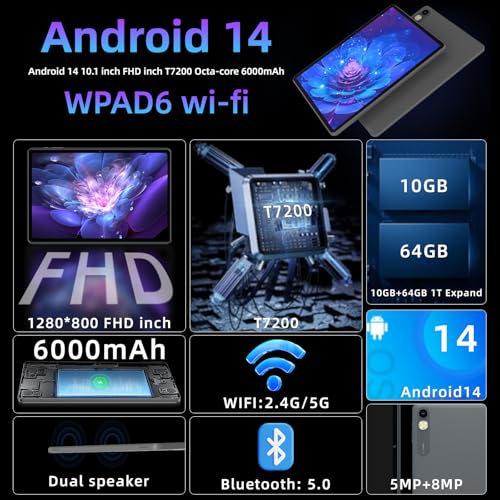 Android Tablet, 10.1 inch Tablet with Octa-Core, RAM 10GB, ROM 64GB (Up to 1 TB), 800x1280 Resolution, WiFi 5 & Bluetooth 5.0, Dual Speakers, 5MP+8MP, 6000mAh (Black)