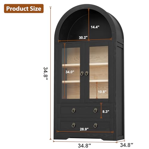 Kitchen Pantry Cabinet, Arched Bookshelf Bookcase China Pantry Storage Cabinet with Drawers Doors and Shelves,71“ Tall Food Pantry Funiture for Living Room,Dining Room (Black)