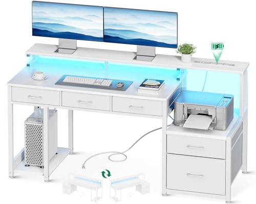 AODK 55 Inch Computer Desk with 3 Drawers and File Cabinet for Storage, Office Desk with Monitor Stand and LED Lights, Home Office Desks, Black