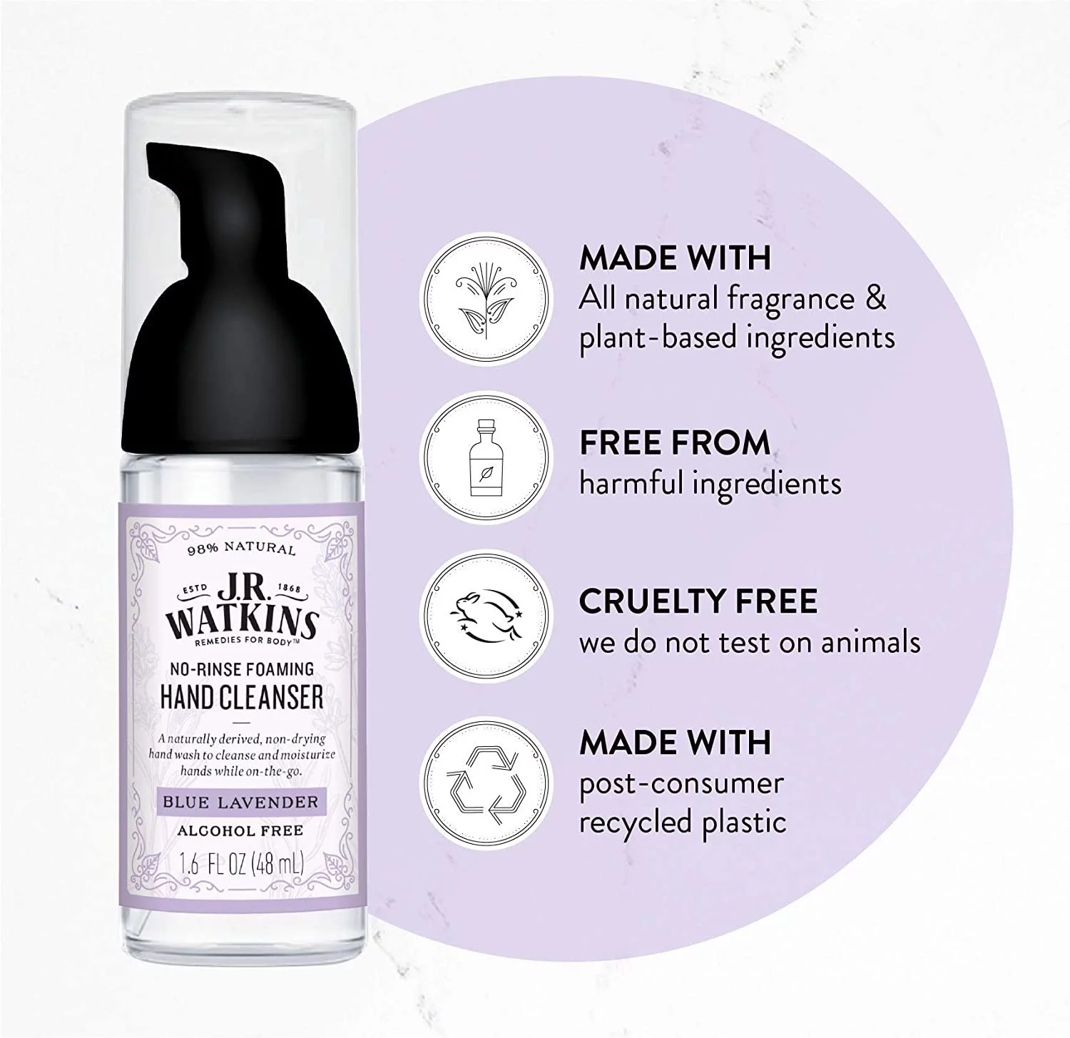 J.R. Watkins No-Rinse Foaming Hand Cleanser  Hand Soap in Pump Dispenser  Bathroom & Kitchen Foam Cleaner  All Natural, Alcohol Free, Blue Lavender, 1.6 fl. Oz, 6 Pack