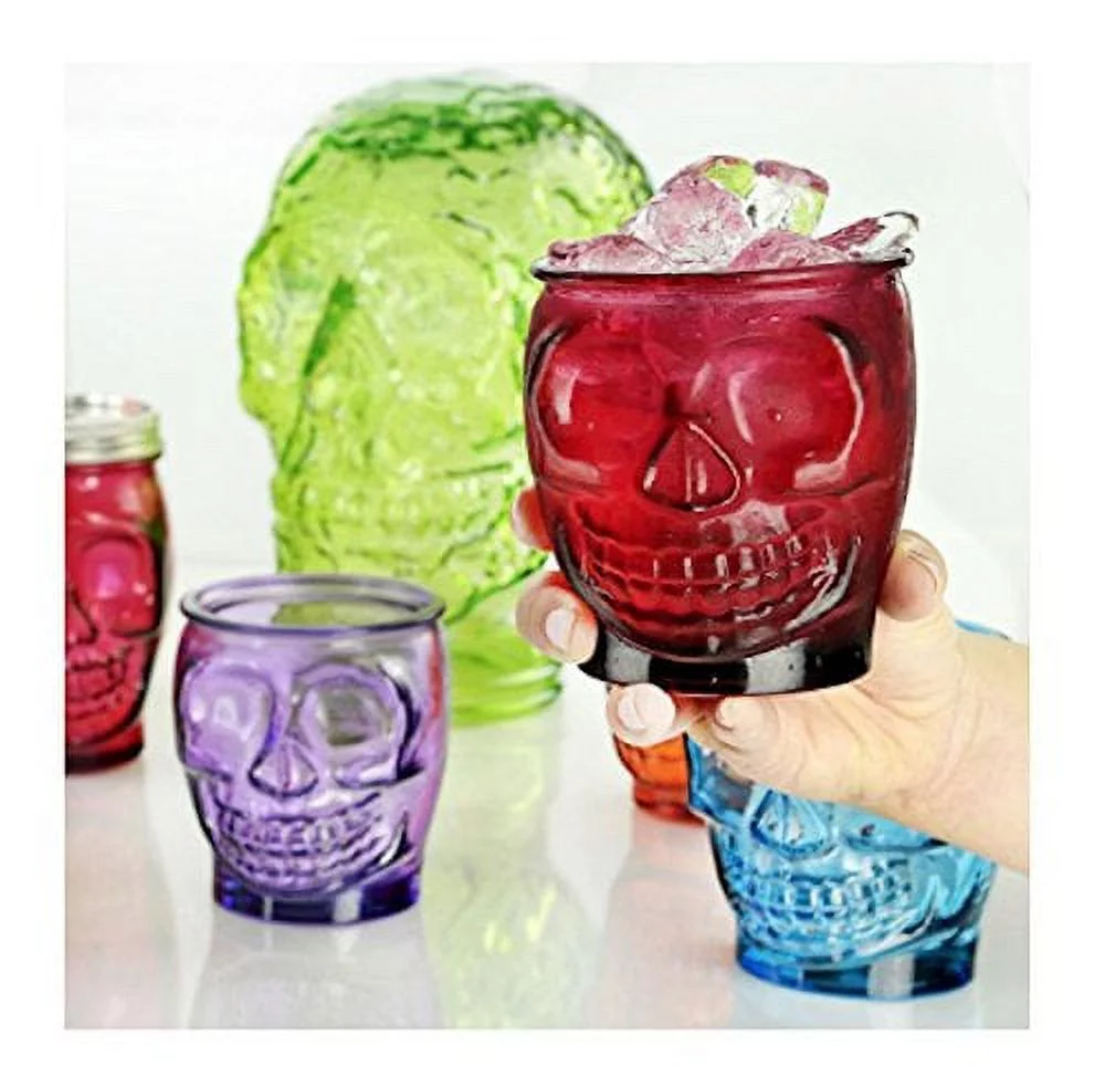 Couronne - Sugar Skull Glass Tumbler w/ Straw - Aqua Blue