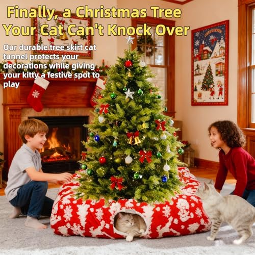 Christmas Cat Tunnel Bed with Warm Mat, Large Square Kitty Toy & Tree Skirt for Xmas Decor Red