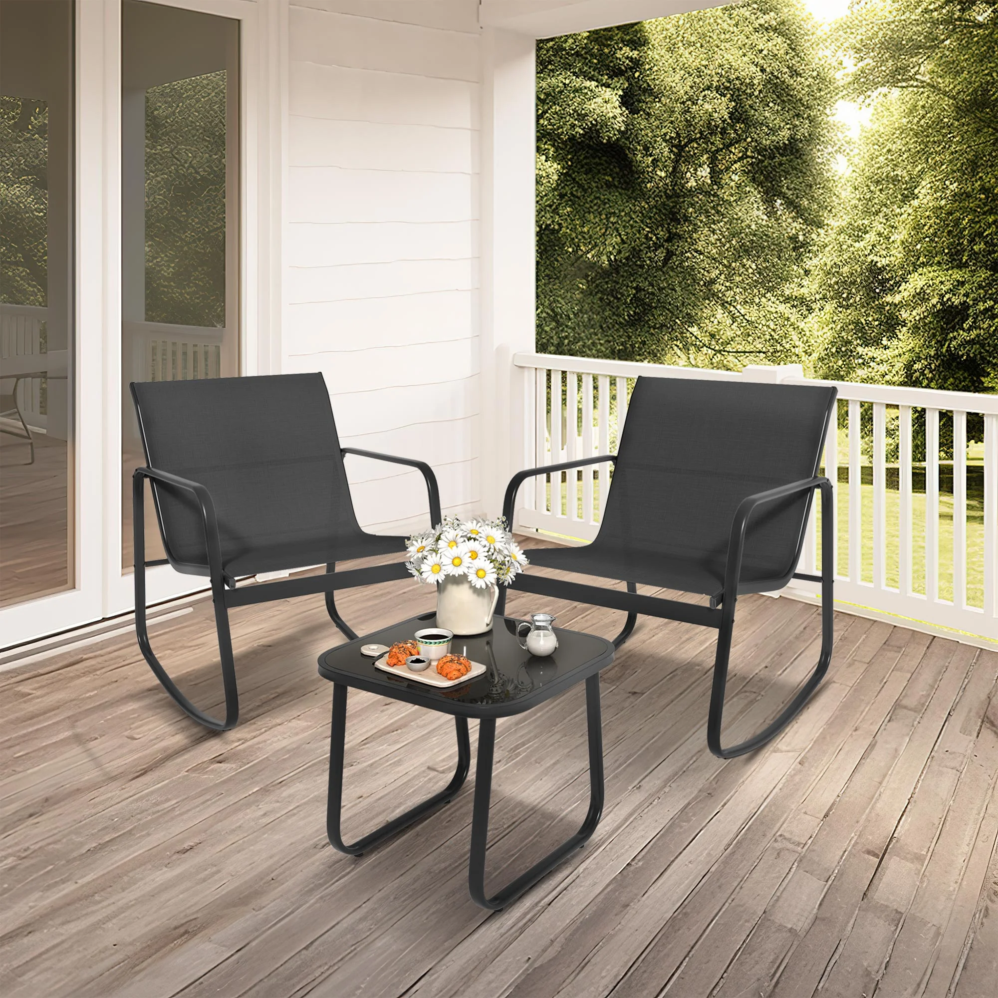 Dextrus 3-Piece Outdoor Patio Bistro Furniture Set, Rocking Chair Set - 2 Rocking Chairs with Glass Coffee Table - Black