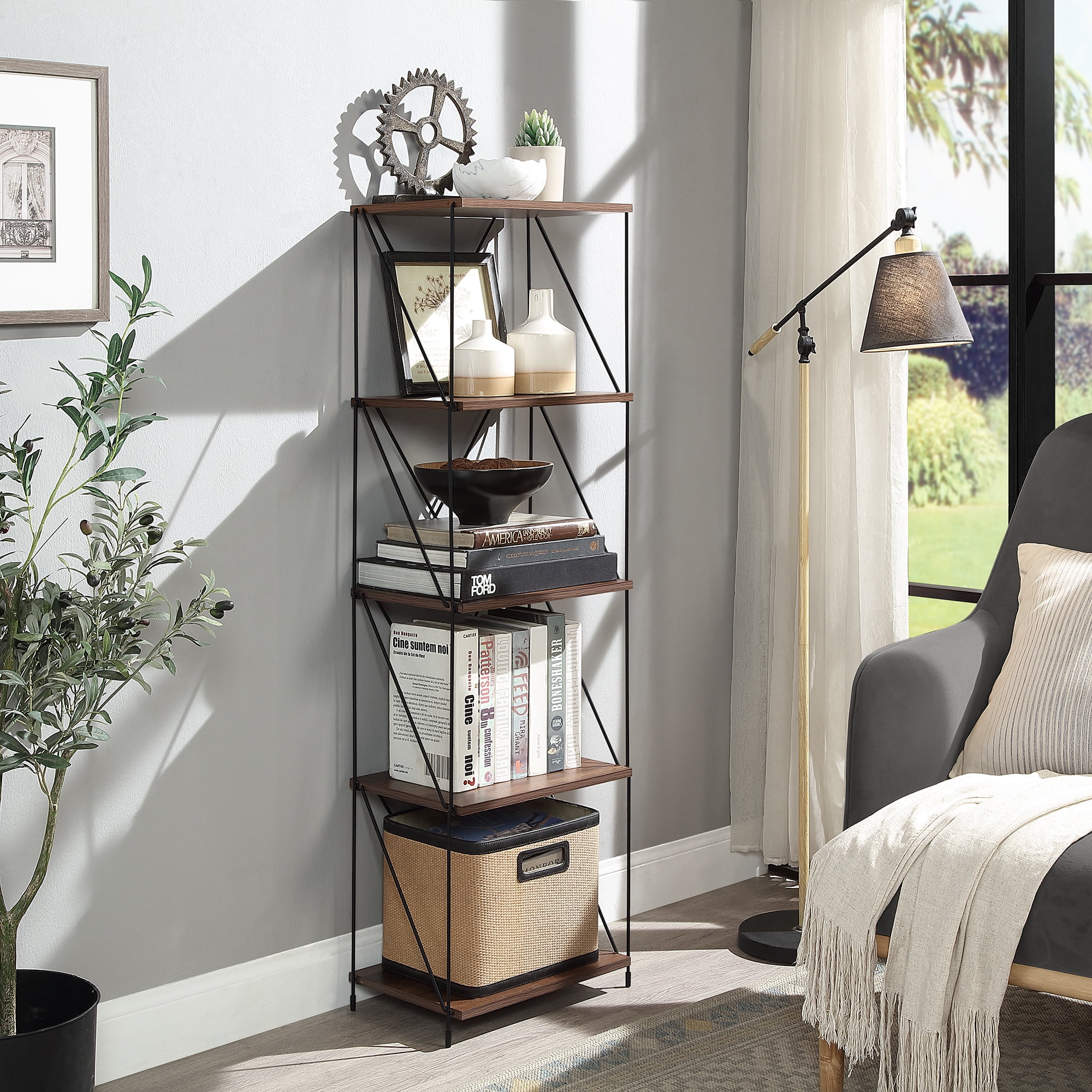 Huisenitre 5-Tier Multipurpose Bookcase Walnut Brown Wooden Storage Shelf with Metal Frame, No Tools